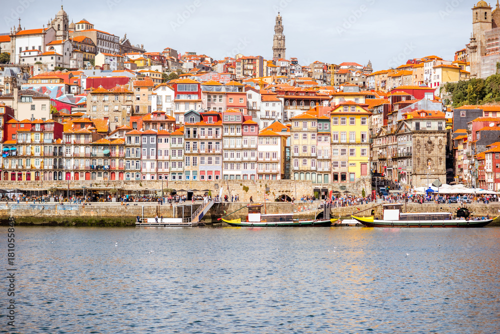 Landscape view on the riverside with beautiful old buildings in Porto city, Portugal