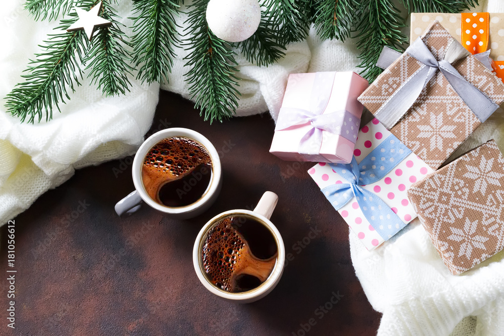 two cups of coffee and fir branches two cups of coffee and fir branches