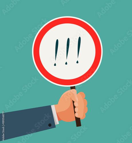 Hand holding sign or plate. Business, quiz concept. Vector flat illustration