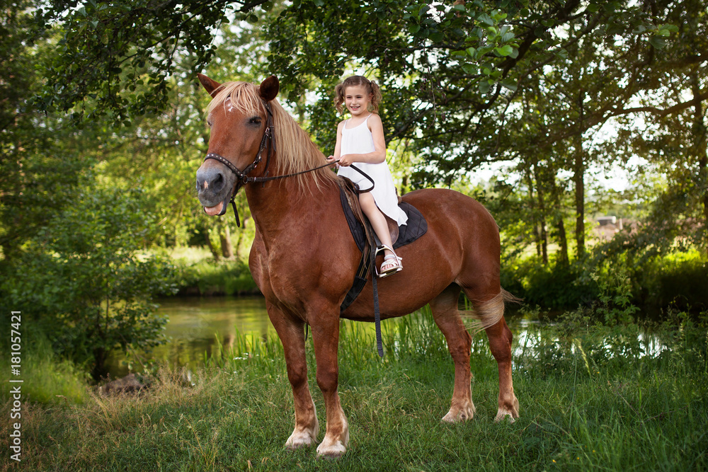 Llittle girl is riding a horse. Summer meadow. Llittle girl is riding a horse. Summer meadow.