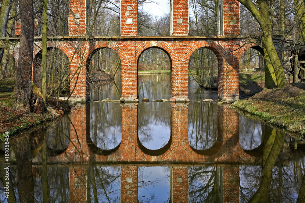Ruins of Aqueduct in Arkadia park. Lowicz county. Poland