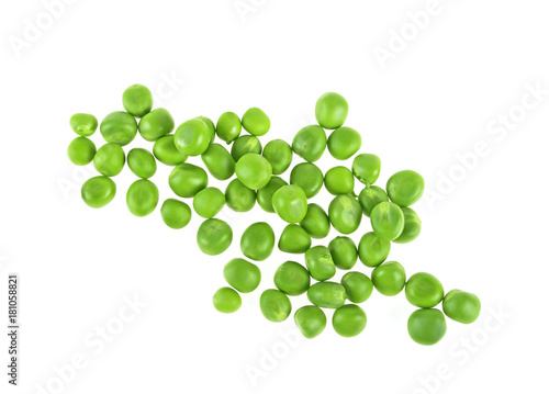 Fresh green peas on white background. Top view.