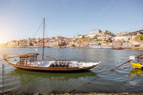 Landscape view on the Douro river with boat in Porto city, Portugal