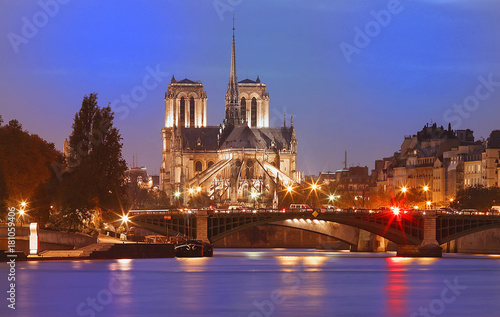 The Notre Dame Cathedral at night , Paris, France.