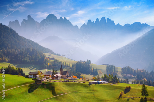 Obraz na płótnie Great morning view of Santa Magdalena village and Santa Maddalena church. Colorful autumn scene of Dolomite Alps, Italy, Europe. Beauty of countryside concept background. Odle Mountains. w salonie