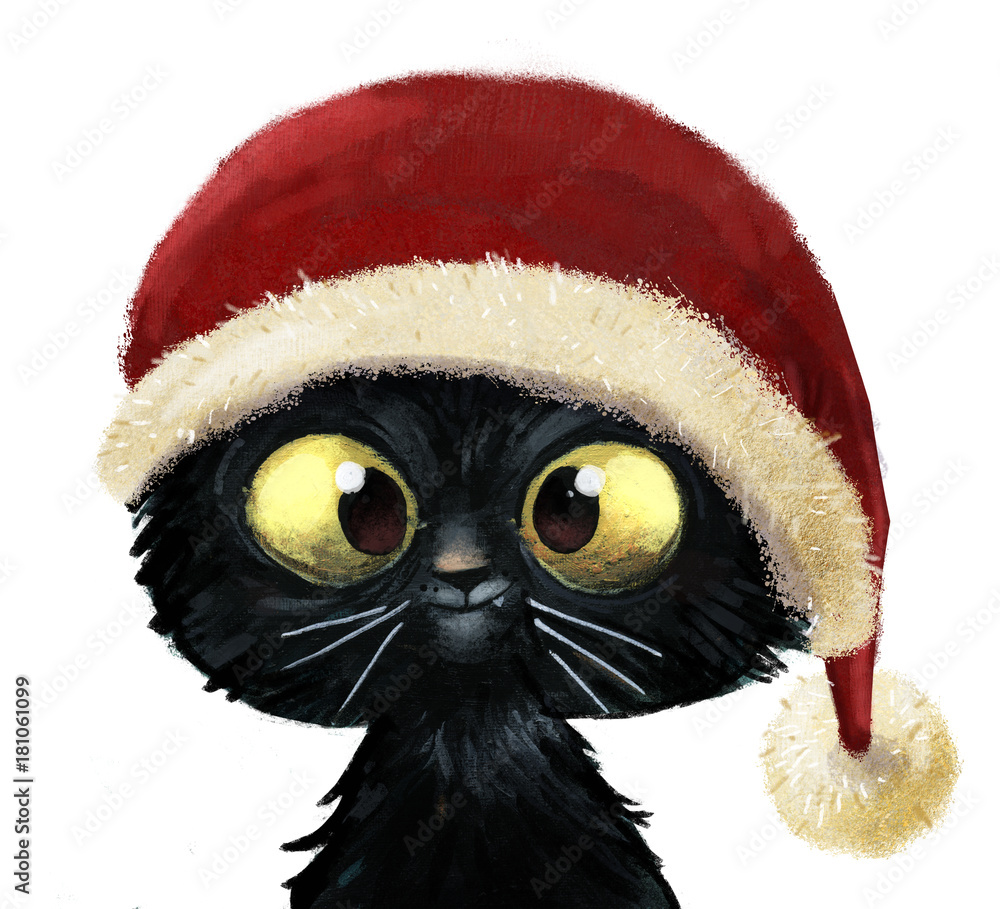gato feliz con gorro de navidad ilustración de Stock | Adobe Stock