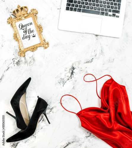 Fashion flat lay social media laptop Red dress black high heels