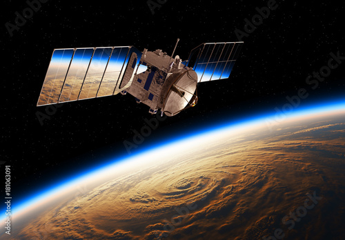 Reflection Of Planet Earth In Solar Panels Of A Space Satellite