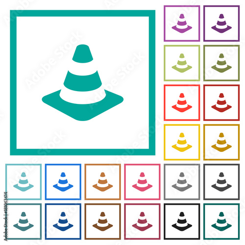 Traffic cone flat color icons with quadrant frames