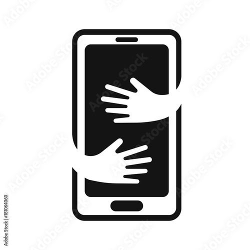 Phone with hands hug logo design template. Hand hugging mobile phone vector illustration isolated on white background
