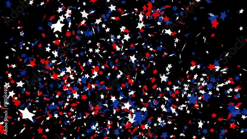 Confetti shots. Red, blue and white confetti stars falling on a black background with alpha matte