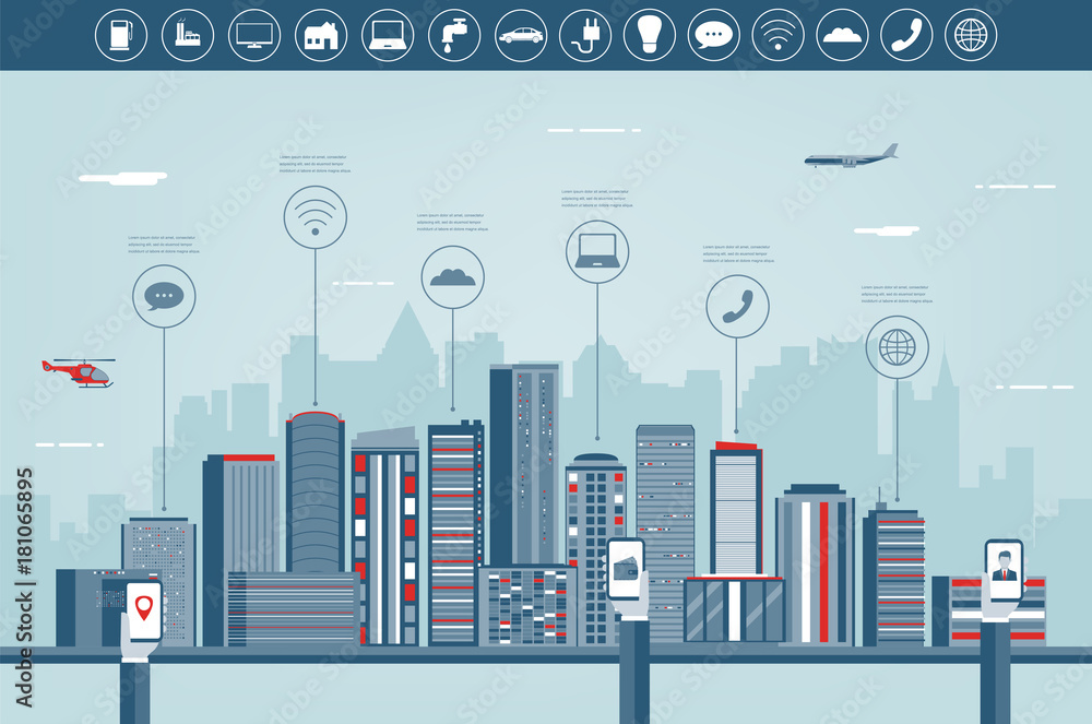 Obraz premium Urban landscape with infographic elements. Modern city. Smart city. Concept website template. Vector 