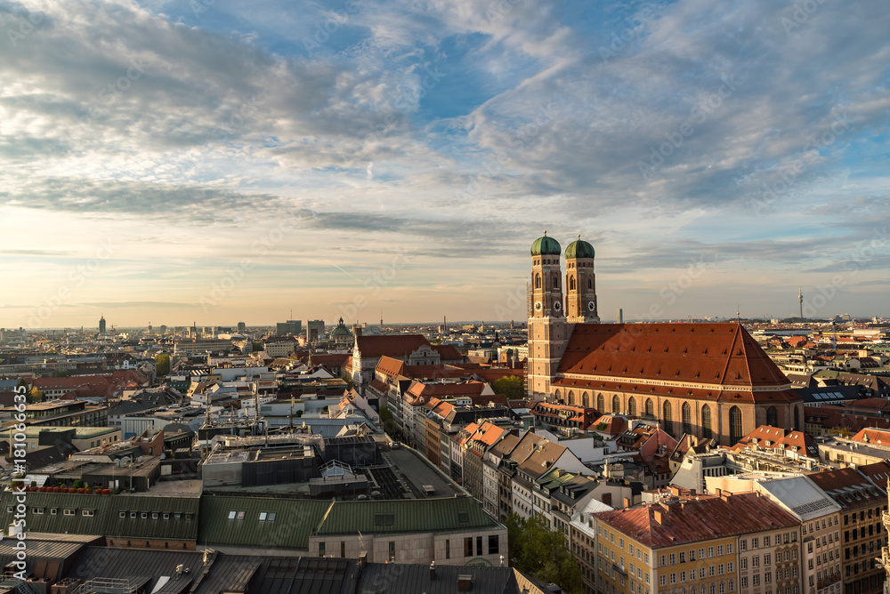 Cityscape with the Frauenkirche on sunset