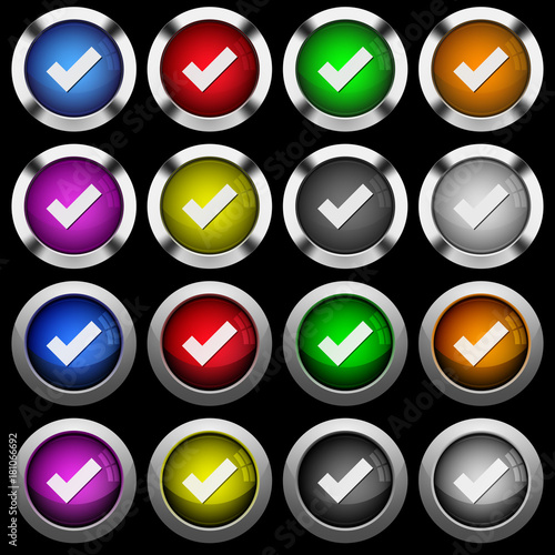 Ok white icons in round glossy buttons on black background