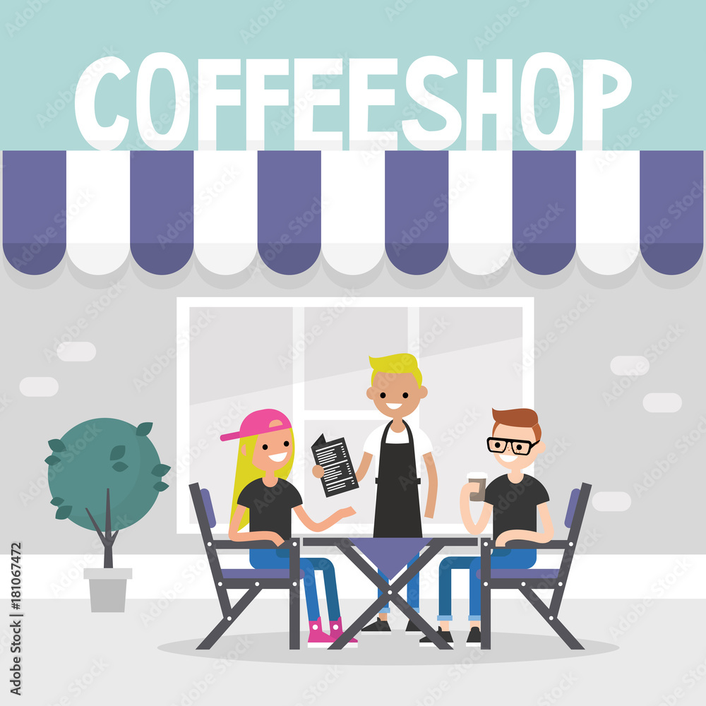 Fototapeta premium Urban daily life. Restaurant visitors. Two characters ordering food and drinks in a coffee shop / flat editable vector illustration, clip art