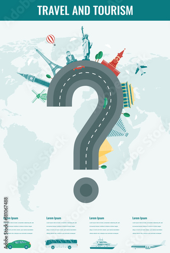 Travel composition with famous world landmarks. Travel and Tourism with transportation infographics. Vector