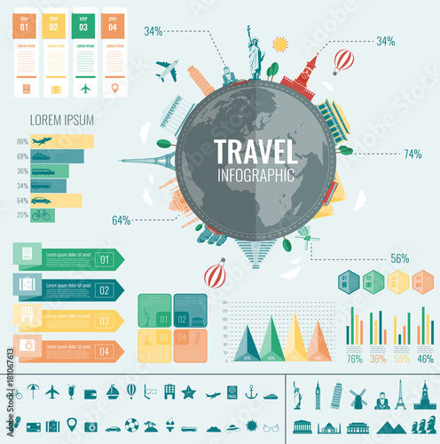 Travel and Tourism. Infographic set with charts and other elements. Vector