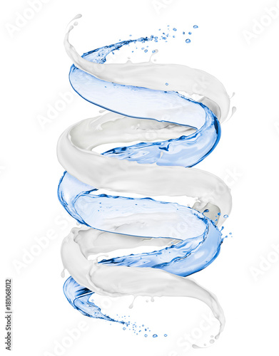 Milk and water splashes twisted into a spiral on a white background