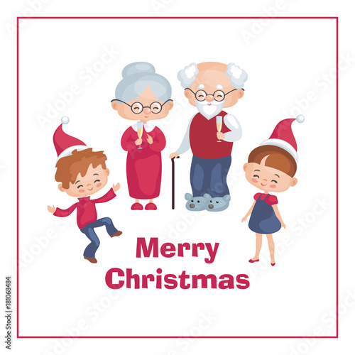 Greeting card with the image of the grandmother of the grandfather and the grandkids celebrating Christmas. Vector illustration in cartoon style.