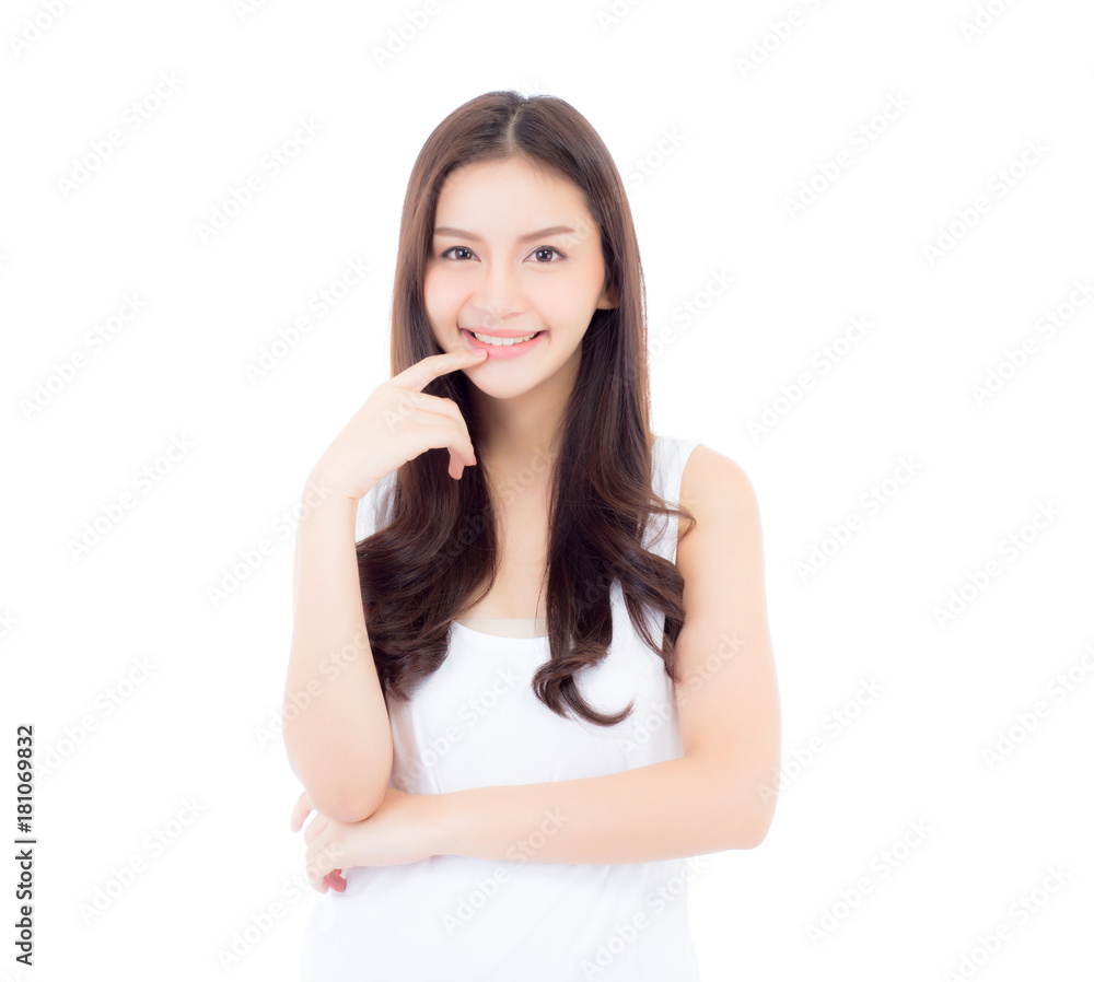 Portrait of beautiful asian woman makeup of cosmetic, girl hand touch mouth and smile attractive, lips beauty perfect with wellness isolated on white background with healthcare concept. Portrait of beautiful asian woman makeup of cosmetic, girl hand touch mouth and smile attractive, lips beauty perfect with wellness isolated on white background with healthcare concept.