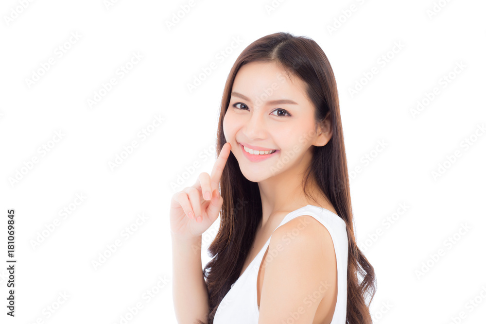 Portrait of beautiful asian woman makeup of cosmetic, girl hand touch cheek and smile attractive, face of beauty perfect with wellness isolated on white background with skin healthcare concept. Portrait of beautiful asian woman makeup of cosmetic, girl hand touch cheek and smile attractive, face of beauty perfect with wellness isolated on white background with skin healthcare concept.