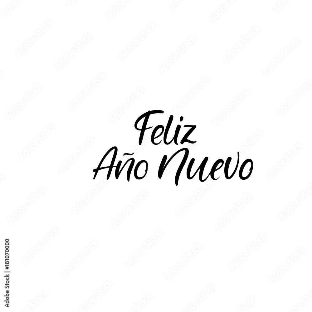 Feliz ano Nuevo. Happy new year in spanish. Christmas calligraphy. Handwritten brush lettering for greeting card, poster, invitation, banner. Hand drawn design elements. Isolated on white background.
