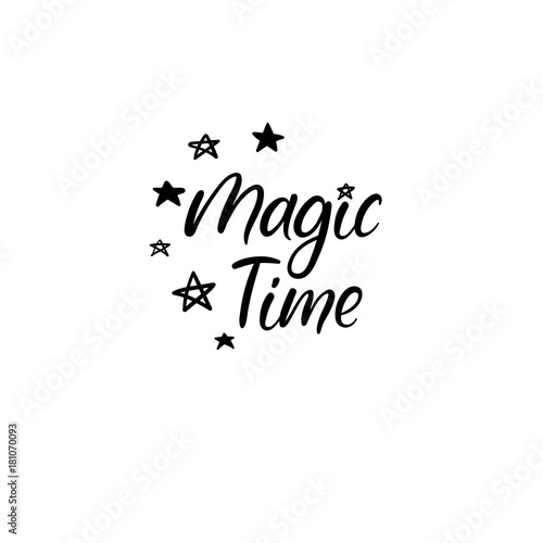 Magic Time. Christmas calligraphy. Handwritten brush lettering for greeting card, poster, invitation, banner. Hand drawn design elements. Isolated on white background.