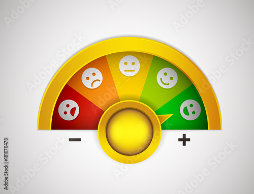 Customer satisfaction meter with button, arrow and emotions from the most negative to the most positive. Vector illustration