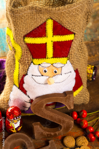 Traditional Dutch Saint Nicolas celebration with presents for children in December, Saint Nicolas gift bag and chocolate letters