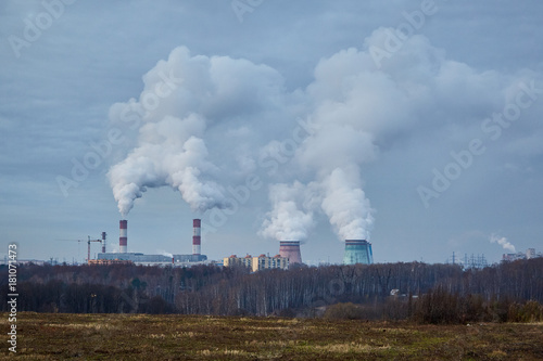 the steam from the chimneys of a thermal power plant