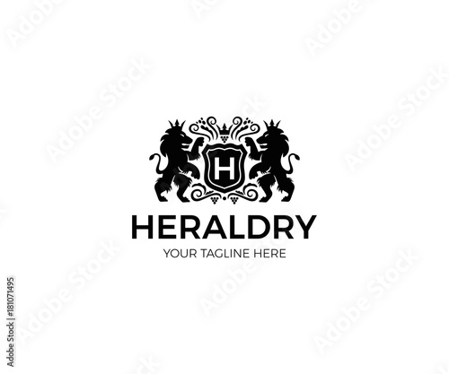 Heraldry Logo Template. Сrest Vector Design. Lion and Shield Elegant Illustration