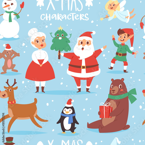 Christmas vector characters cute cartoon Santa Claus, snowman, Reindeer, Xmas bear, Santa wife, dog New Year symbol, elf child boy and penguin individual characteristics seamless pattern background