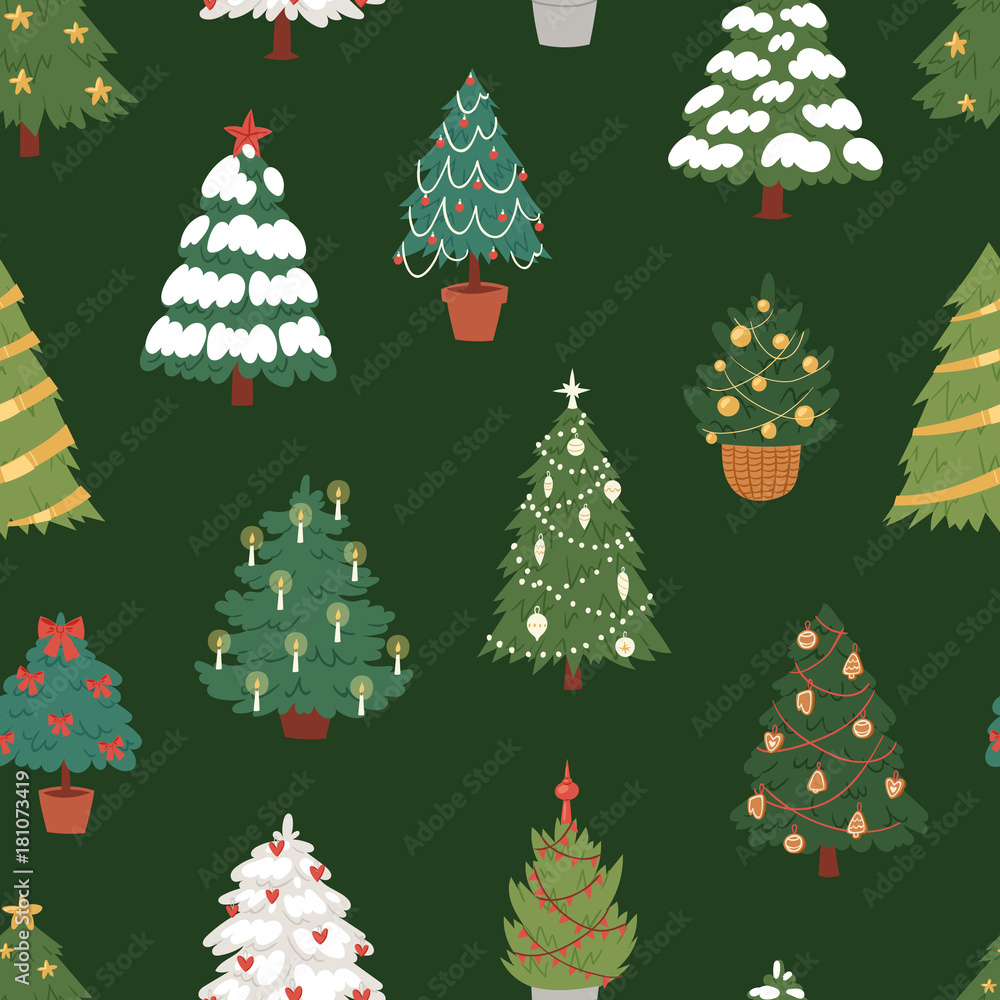 Christmas New Year tree vector icons ornament star xmas gift design holiday celebration winter season party tree plant seamless, pattern, background