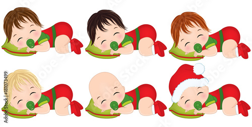Vector Cute Little Baby Boys Wearing Christmas Clothes
