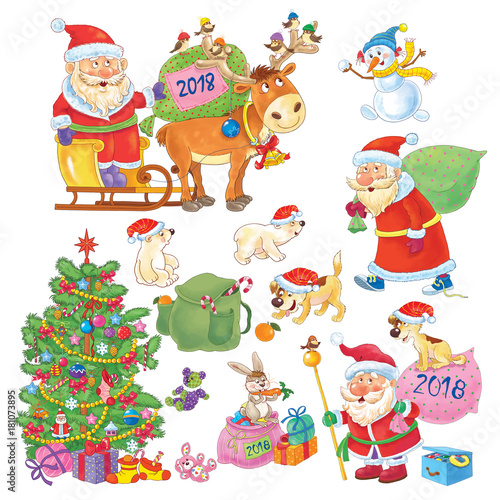 Ney Year. Christmas. Coloring page. Illustration for children. Cute and funny cartoon characters