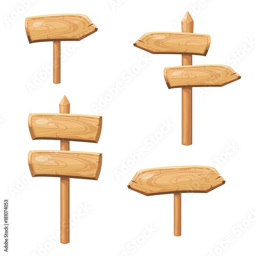 Vector cartoon wooden blanks isolated on white background. Set of wooden sign board and blank plank panel illustration.