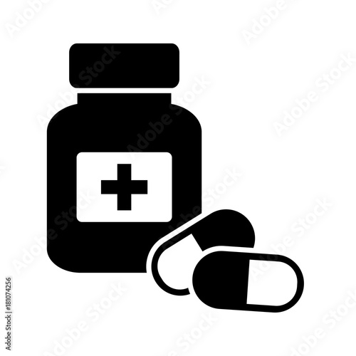 Medicine bottle and pills. Black and white icon. Vector illustration