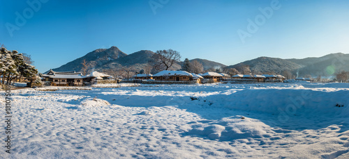 Oeam village of Asan beautifully with white snow down. Panorama