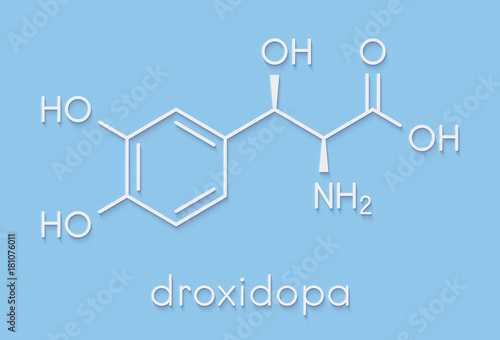 Droxidopa (L-DOPS) hypotension (low blood pressure) drug molecule. Skeletal formula. photo