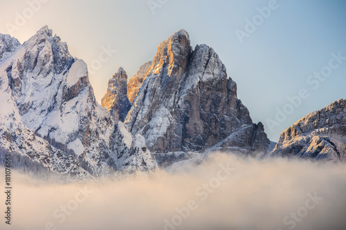 Cima Dodici at Winter sunrise, Sexten Dolomites, Italy photo