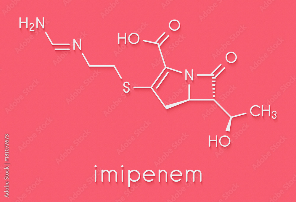 Imipenem antibiotic drug molecule. Belongs to carbapenem class. Skeletal formula.