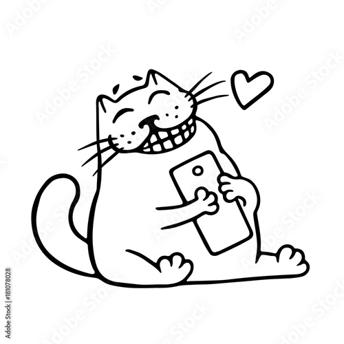 Cute cat loves his smartphone. SMS came from a loved one. Vector Illustration.