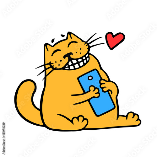 Cartoon orange cat and blue smartphone. Good news. Vector Illustration.