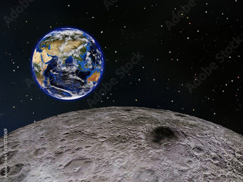 View of Earth's eastern hemisphere from above the Moon's surface, with stars in the background.