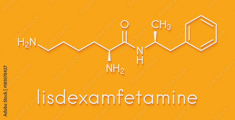 Lisdexamfetamine mesylate ADHD treatment drug molecule. Skeletal formula. Stock Illustration