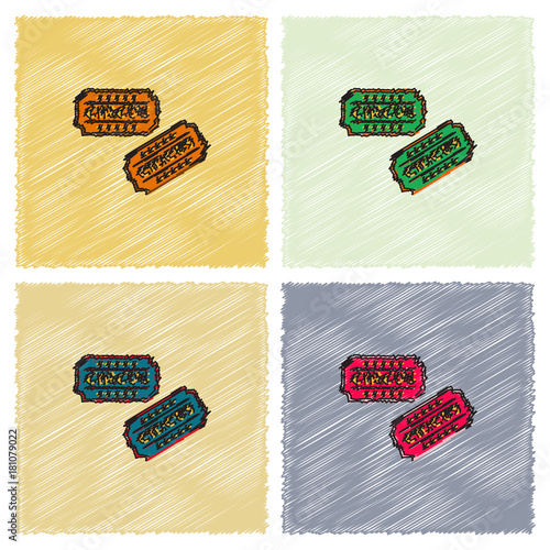 Circus show entrance tickets template.Colorful vector pass in cartoon flat style in Hatching style