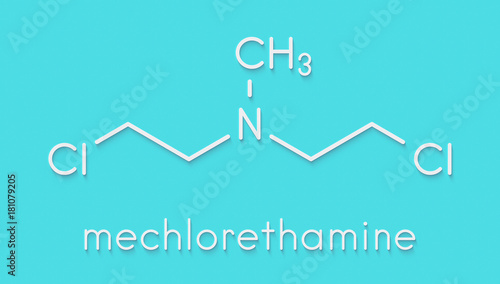 Chlormethine (mechlorethamine, mustine, HN2) cancer chemotherapy drug molecule. Nitrogen mustard compound also used a blister agent (chemical weapon). Skeletal formula.