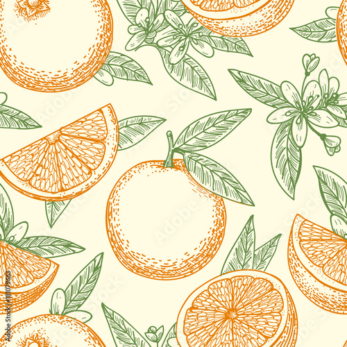 Orange fruit hand drawn pattern. Yellow oranges, green leaves and flowers seamless background pattern vector drawing