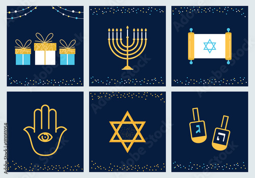Hanukkah Greeting Cards with Jewish Symbols. Vector Design
