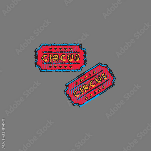 Circus show entrance tickets template.Colorful vector pass in cartoon flat style in Hatching style